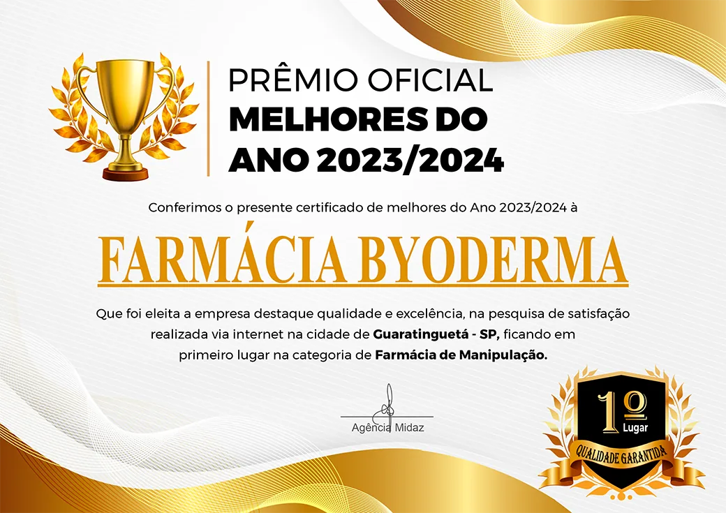 Certificado Prêmio Oficial Melhores do Ano 2023/2024 — Farmácia Byoderma, 1º lugar